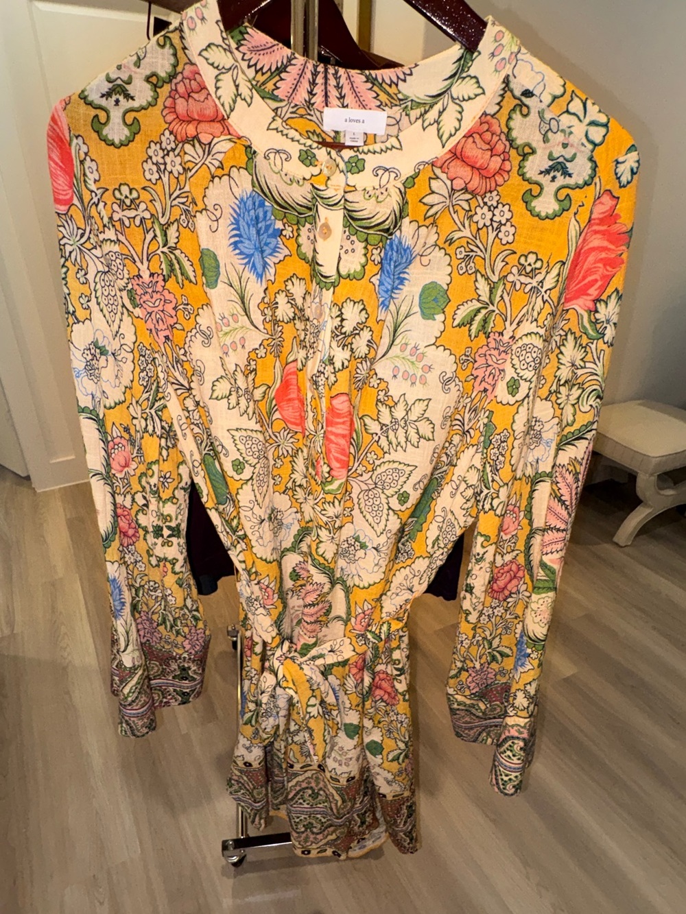 A Loves A Dillard’s Yellow Print Tie Waist Button Neckline Shirt Dress Sz Large